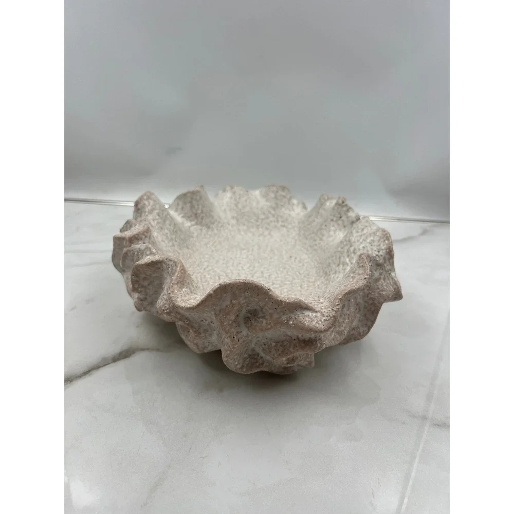 Ceramic Sylvia Bowl Planter Ruffled Clam Shell Speckled Neutral Coastal
